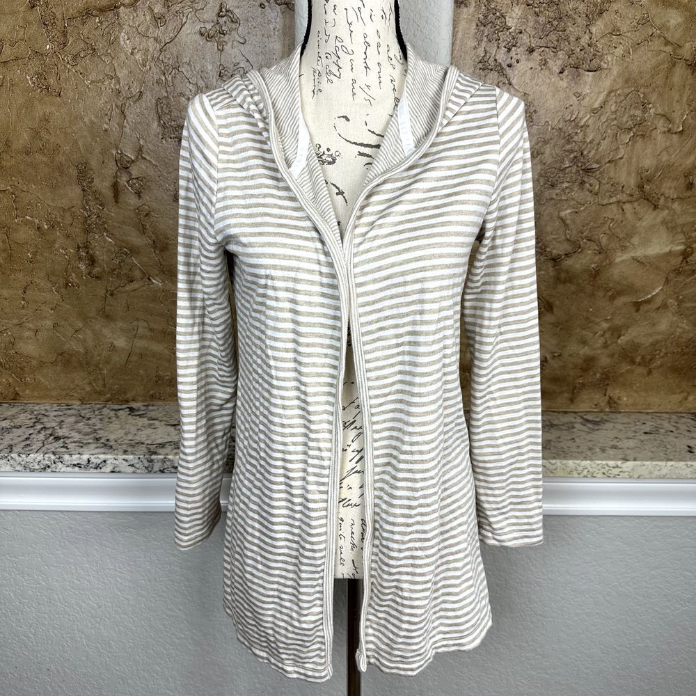 Sunday Sweater Cardigan Women's Medium Tan Stripe Open Front Hooded Cozy‎ Preppy